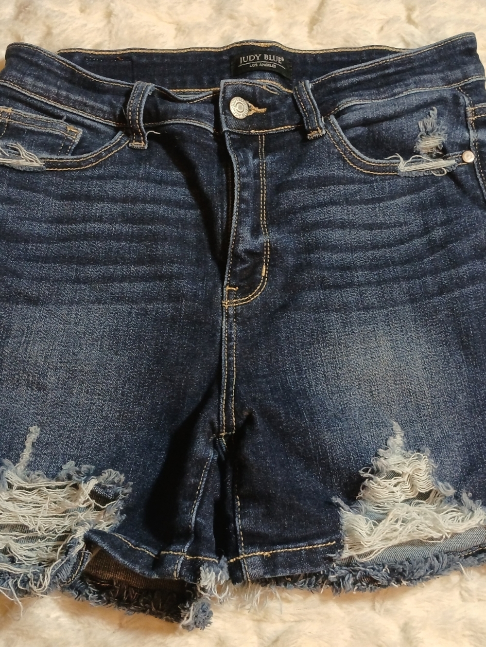 Judy Blue Distressed Cut Off Denim Shorts Womens Size L High Rise Dark Wash - Picture 8 of 8